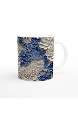 İnci ve Mavi Rölyef Çiçek Desenli Kupa Bardak