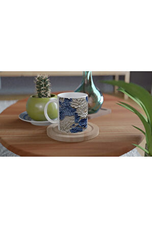 İnci ve Mavi Rölyef Çiçek Desenli Kupa Bardak