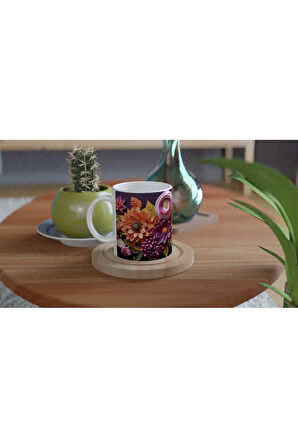 Kağıt Rölyef Stili Canlı Çiçek Desenli Kupa Bardak