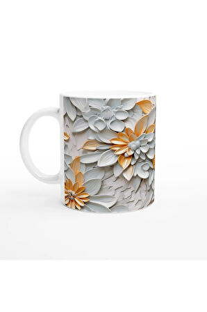 Beyaz ve Altın Detaylı Lüks Çiçek Desenli Kupa Bardak