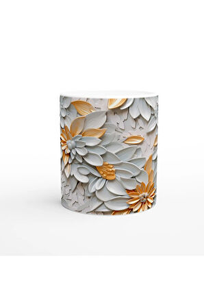 Beyaz ve Altın Detaylı Lüks Çiçek Desenli Kupa Bardak