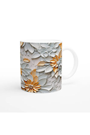 Beyaz ve Altın Detaylı Lüks Çiçek Desenli Kupa Bardak