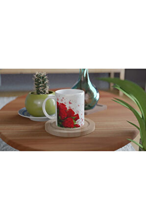 Romantik Kırmızı Gül Desenli Kupa Bardak