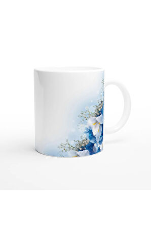 Mavi Beyaz Zarif Çiçek Desenli Kupa Bardak