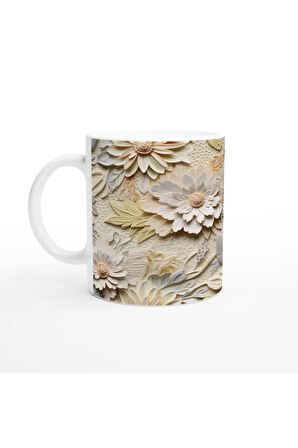 Krem Rölyef Çiçek Dokulu Kupa Bardak