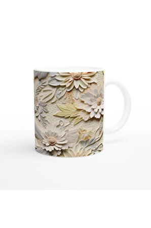 Krem Rölyef Çiçek Dokulu Kupa Bardak