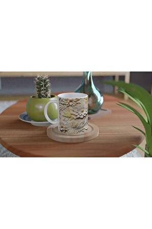 Krem Rölyef Çiçek Dokulu Kupa Bardak