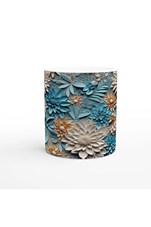 Pastel Mavi ve Krem Tonlu Çiçek Desenli Kupa Bardak