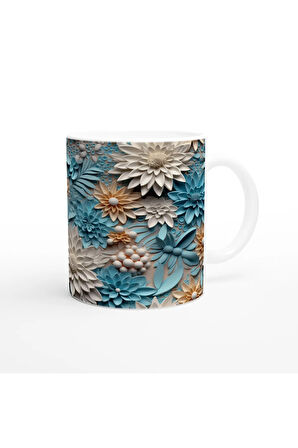 Pastel Mavi ve Krem Tonlu Çiçek Desenli Kupa Bardak