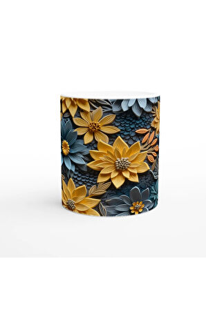 Sarı ve Mavi Rölyef Çiçeklerle Desenlenmiş Kupa Bardak