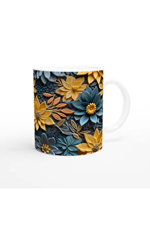 Sarı ve Mavi Rölyef Çiçeklerle Desenlenmiş Kupa Bardak