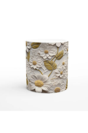 Krem ve Hardal Tonlarında Zarif Çiçek Dokulu Kupa Bardak