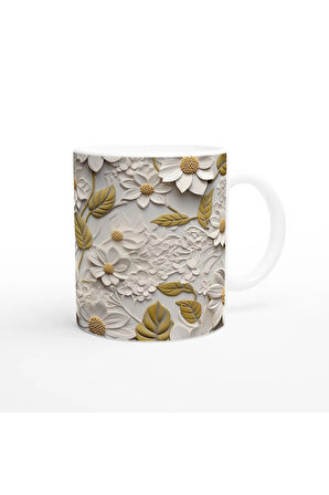 Krem ve Hardal Tonlarında Zarif Çiçek Dokulu Kupa Bardak