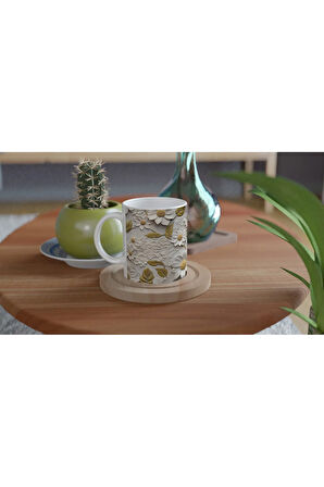 Krem ve Hardal Tonlarında Zarif Çiçek Dokulu Kupa Bardak