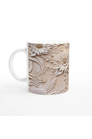 Bej Zemin Üzerine Rölyef Dantelli Çiçekli Kupa Bardak