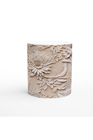 Bej Zemin Üzerine Rölyef Dantelli Çiçekli Kupa Bardak