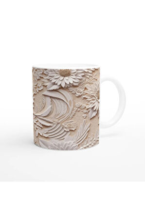 Bej Zemin Üzerine Rölyef Dantelli Çiçekli Kupa Bardak