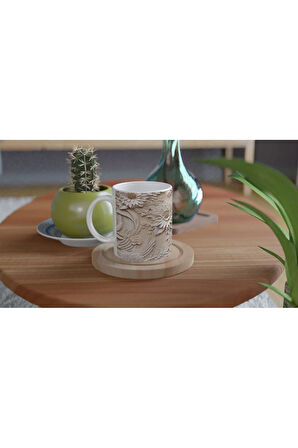 Bej Zemin Üzerine Rölyef Dantelli Çiçekli Kupa Bardak