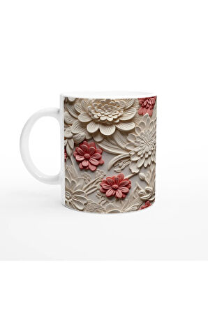 Krem ve Somon Renkli Rölyef Çiçek Desenli Kupa Bardak
