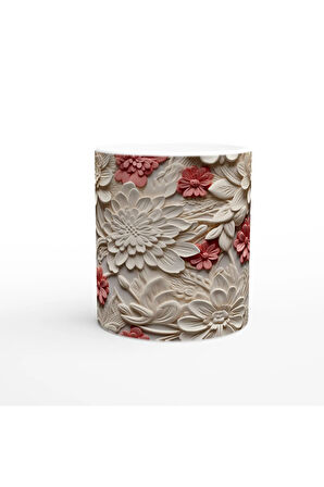Krem ve Somon Renkli Rölyef Çiçek Desenli Kupa Bardak