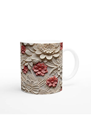 Krem ve Somon Renkli Rölyef Çiçek Desenli Kupa Bardak