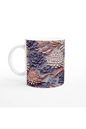 Pudra ve Leylak Renkli Rölyef Çiçek Desenli Kupa Bardak