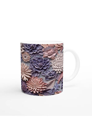 Pudra ve Leylak Renkli Rölyef Çiçek Desenli Kupa Bardak