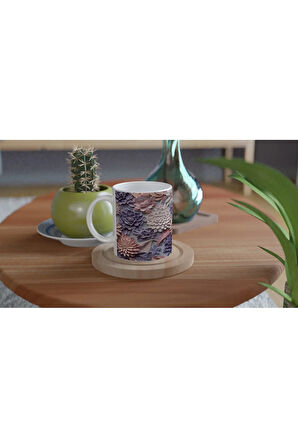 Pudra ve Leylak Renkli Rölyef Çiçek Desenli Kupa Bardak