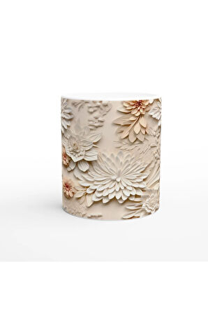 Pudra ve Fildişi Rölyef Çiçekli Kupa Bardak