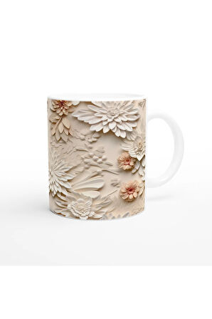 Pudra ve Fildişi Rölyef Çiçekli Kupa Bardak