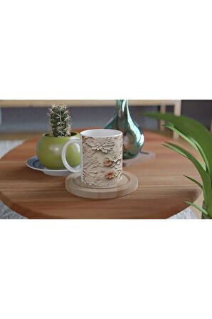 Pudra ve Fildişi Rölyef Çiçekli Kupa Bardak