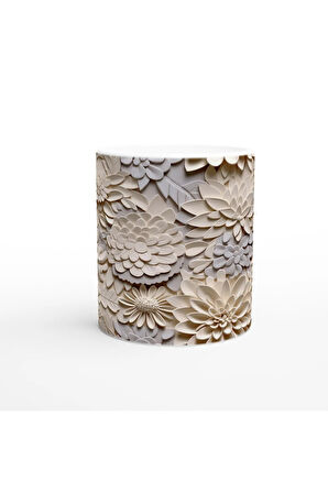 Krem Rölyef Çiçek Harmanı Kupa Bardak