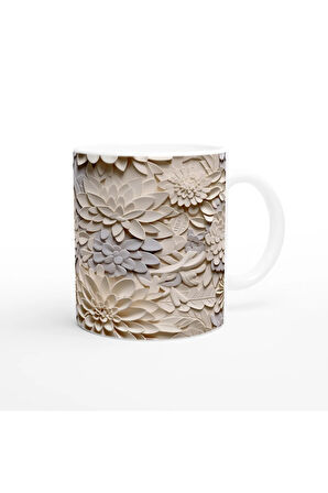 Krem Rölyef Çiçek Harmanı Kupa Bardak