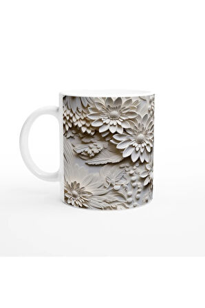 Krem Çiçek Rölyef Detaylı Kupa Bardak