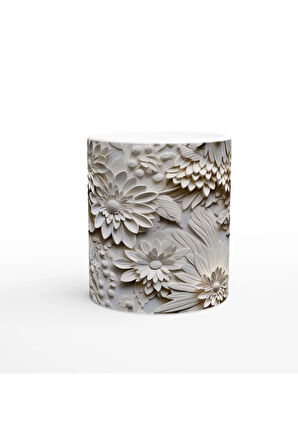 Krem Çiçek Rölyef Detaylı Kupa Bardak