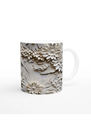 Krem Çiçek Rölyef Detaylı Kupa Bardak