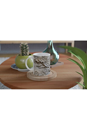 Krem Çiçek Rölyef Detaylı Kupa Bardak