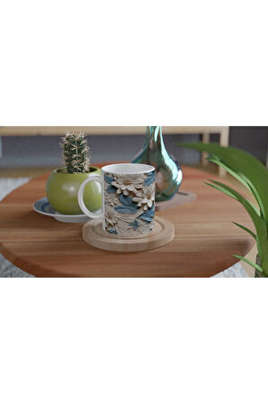 Mavi Yapraklı Çiçek Desenli Kupa Bardak