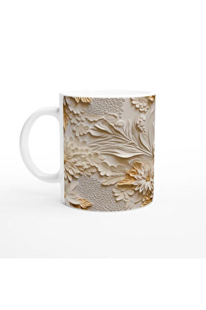 Krem Tonlu Rölyef Çiçek Desenli Kupa Bardak