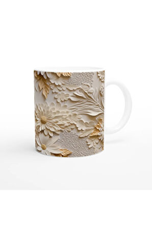Krem Tonlu Rölyef Çiçek Desenli Kupa Bardak