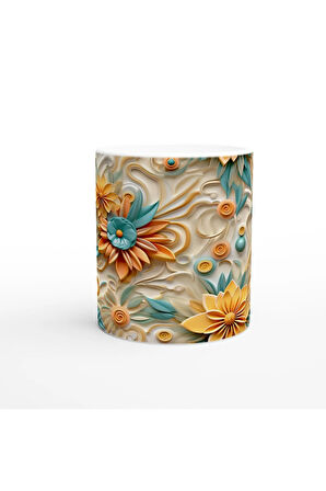 Turkuaz ve Sarı Spiral Çiçekli Kupa Bardak