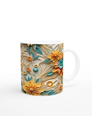 Turkuaz ve Sarı Spiral Çiçekli Kupa Bardak