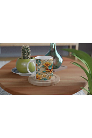 Turkuaz ve Sarı Spiral Çiçekli Kupa Bardak