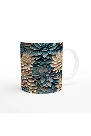 Bej ve Mavi Katmanlı Çiçekli Kupa Bardak