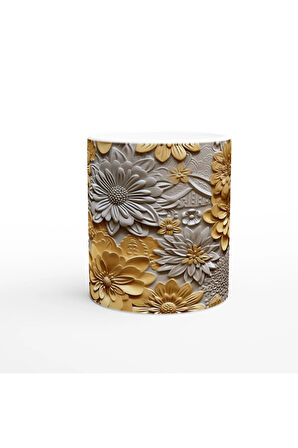 Altın ve Gümüş Rölyef Çiçek Desenli Kupa Bardak