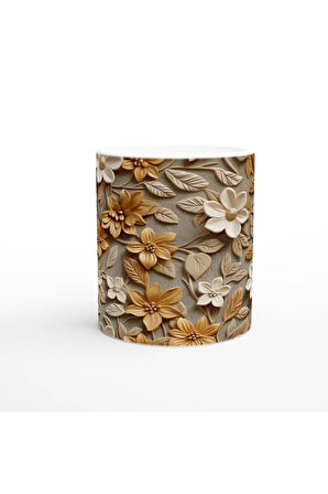 Karamel Vurgulu Rölyef Çiçek Desenli Kupa Bardak