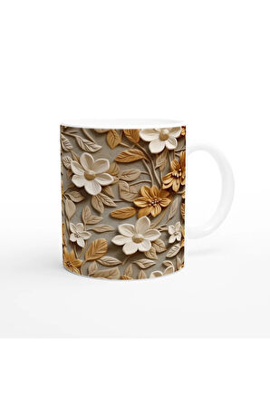 Karamel Vurgulu Rölyef Çiçek Desenli Kupa Bardak