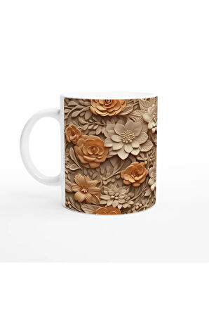 Gül Dokunuşlu Rölyef Çiçek Desenli Kupa Bardak