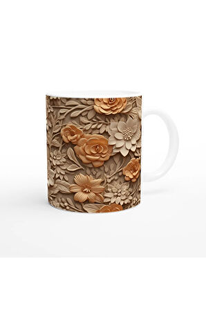Gül Dokunuşlu Rölyef Çiçek Desenli Kupa Bardak