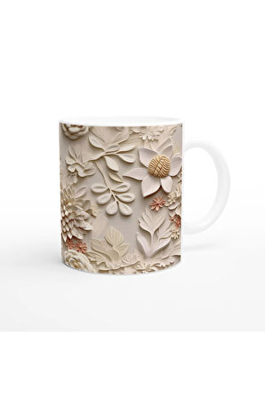 Pudra Detaylı Zarif Kabartmalı Çiçek Kupa Bardak